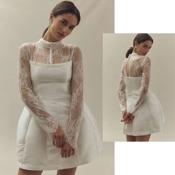 Anthropologie Dresses & Skirts - BHLDN Anthropologie High-Neck Lace Fit & Flare Mini Dress NWT 4 White